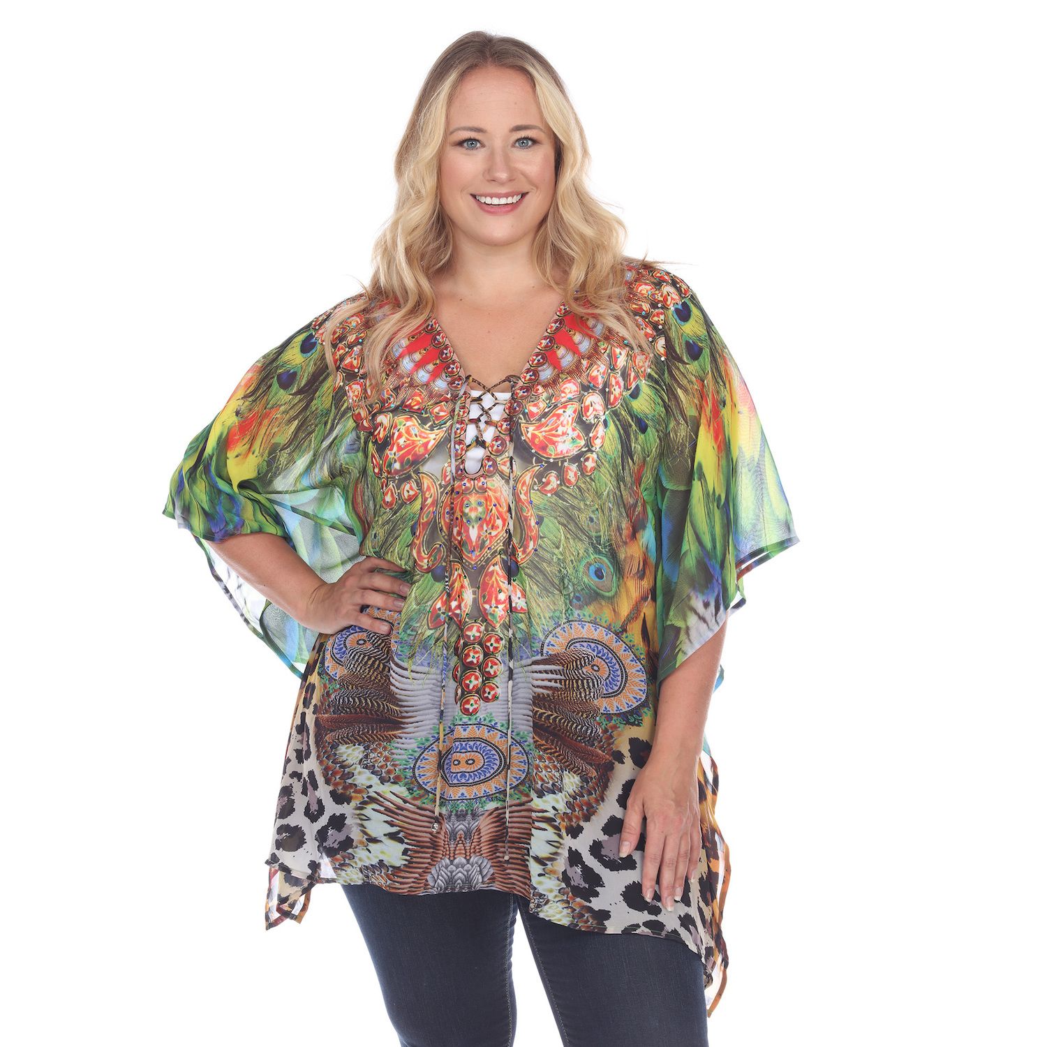 White Mark Print Lace-Up Caftan Top